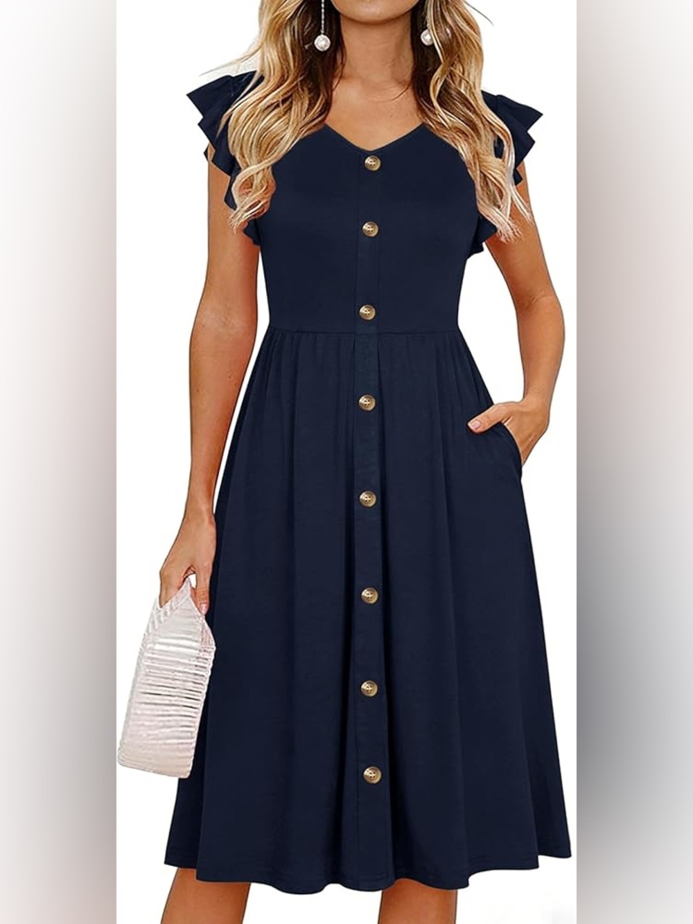 NWT Lamilus Navy Blue Summer Ruffle Sleeves V-Neck Button Down Midi Dress